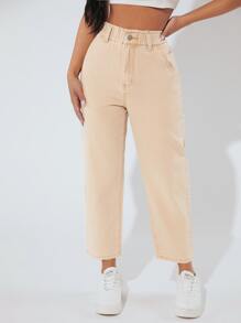 SHEIN PETITE Paperbag Waist Mom Fit Jeans - Apricot - View 3