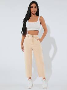 SHEIN PETITE Paperbag Waist Mom Fit Jeans - Apricot - View 4