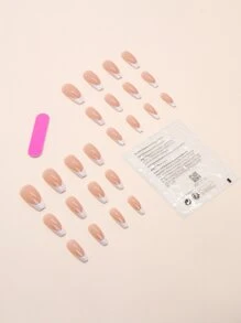 24 件长款棺材白色法式双色假指甲、1 件指甲锉和 1 片胶带，瞬间提升您的外观，美甲用品 - 彩色 - 查看 2