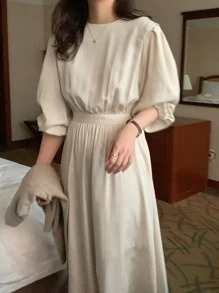 DAZY 素色燈籠袖A字連衣裙 - 杏色 - 查看 2