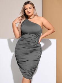 SHEIN SXY Plus One Shoulder Ruched Bodycon Dress - Grey - View 1