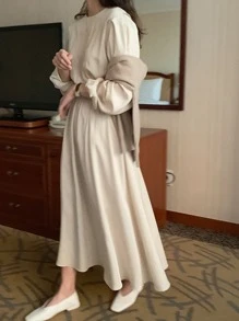 DAZY 素色燈籠袖A字連衣裙 - 杏色 - 查看 1