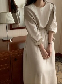 DAZY 素色燈籠袖A字連衣裙 - 杏色 - 查看 4