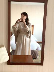 DAZY 素色燈籠袖A字連衣裙 - 杏色 - 查看 6