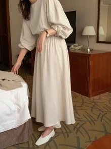 DAZY 素色燈籠袖A字連衣裙 - 杏色 - 查看 8