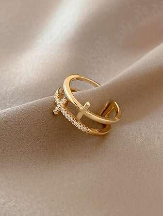 水鑽十字架裝飾開口戒指