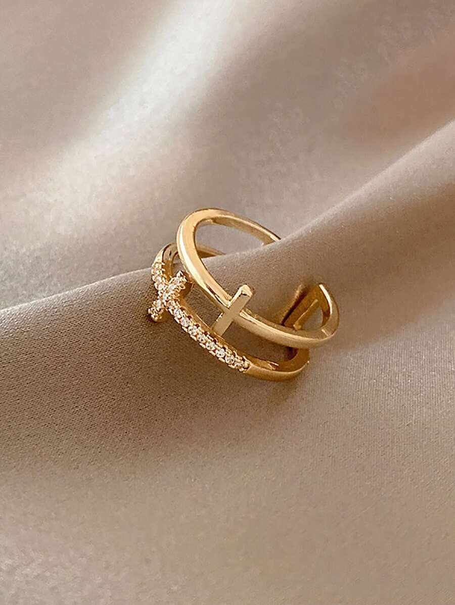 水鑽十字架裝飾開口戒指 - 金黃色 - 查看 1