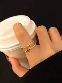 水鑽十字架裝飾開口戒指 - 金黃色 - 查看 4