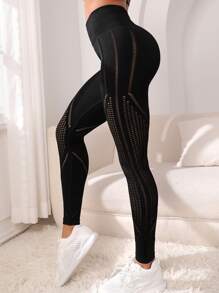 Hollow Out Tummy Control Sports Leggings - Black - View 1