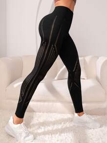 Hollow Out Tummy Control Sports Leggings - Black - View 2