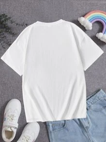 SHEIN Leap Crew Teen Girl Floral & Slogan Graphic T-Shirt, Suitable For Summer Casual Wear