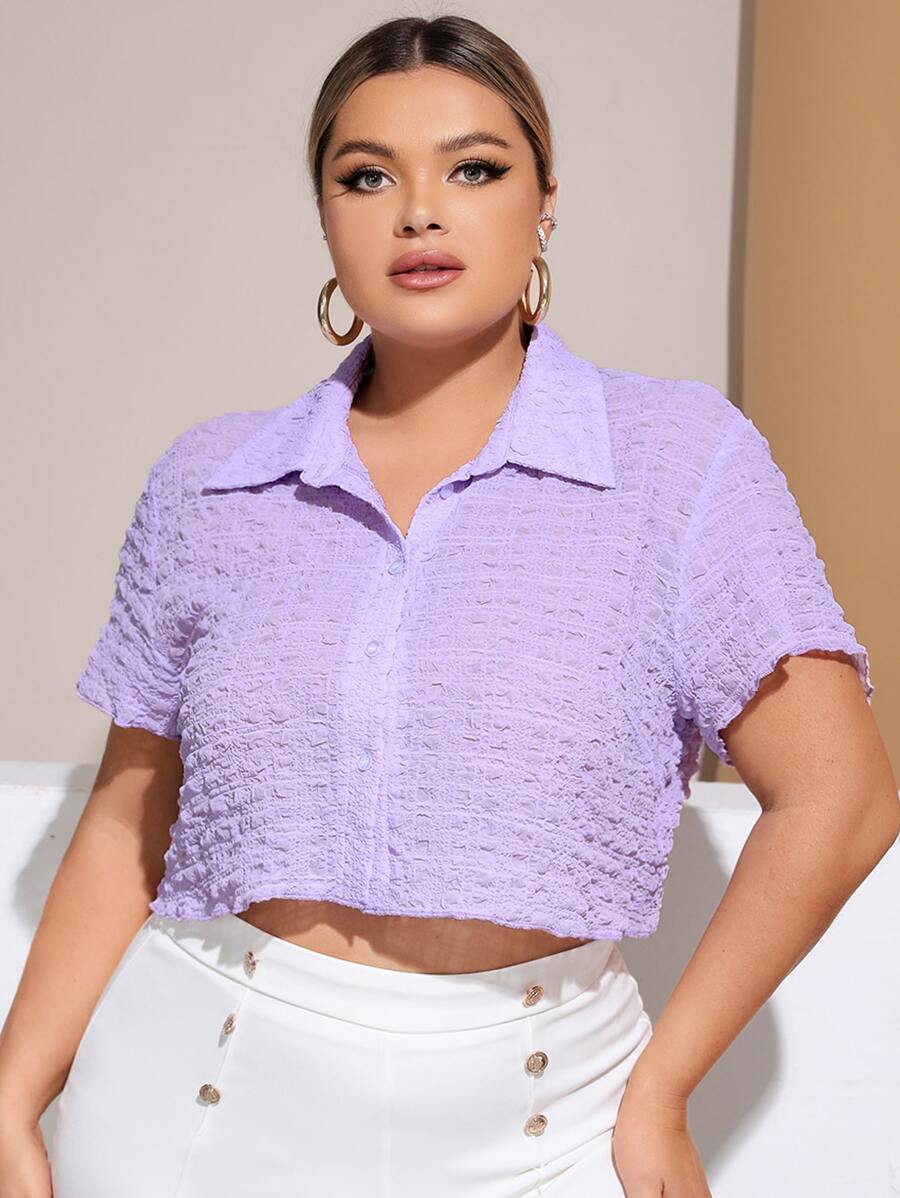 SHEIN Essnce Plus Solid Button Front Crop Shirt - Lilac Purple - View 1