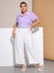 SHEIN Essnce Áo sơ mi Plus Size Chia Nút phía trước màu trơn Giải trí - Màu Lilac Tím - Xem 4