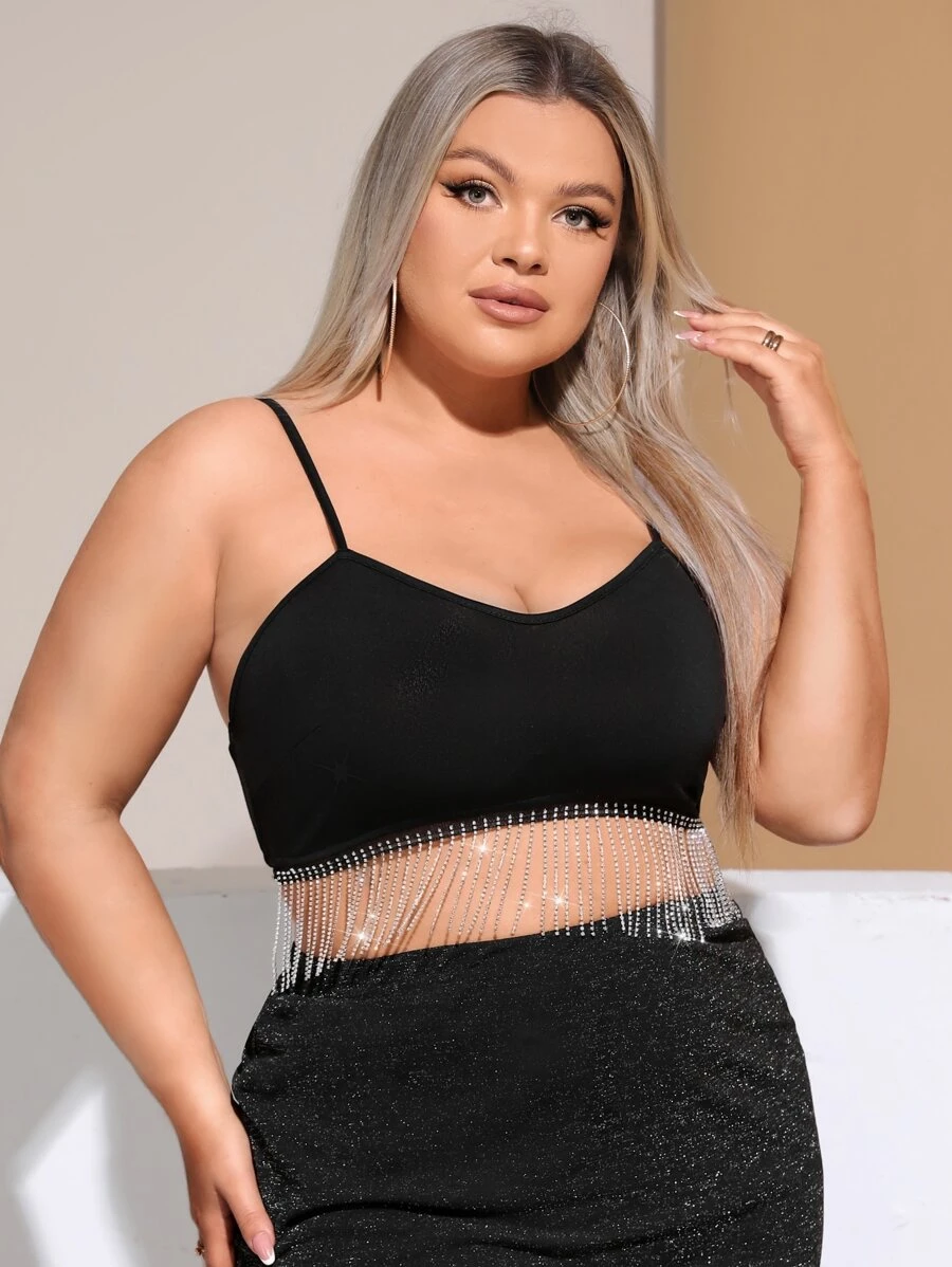 SHEIN SXY 大碼水鑽流蘇下擺吊帶上衣 - 黑色 - 查看 1