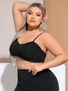 SHEIN SXY 大碼水鑽流蘇下擺吊帶上衣 - 黑色 - 查看 3