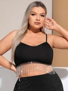 SHEIN SXY 大碼水鑽流蘇下擺吊帶上衣 - 黑色 - 查看 4
