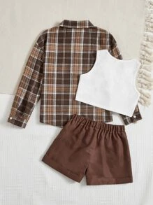 SHEIN 女孩格紋印花襯衫和斜口袋短褲和背心上衣