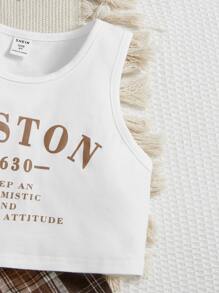 SHEIN 女孩格紋印花襯衫和斜口袋短褲和背心上衣