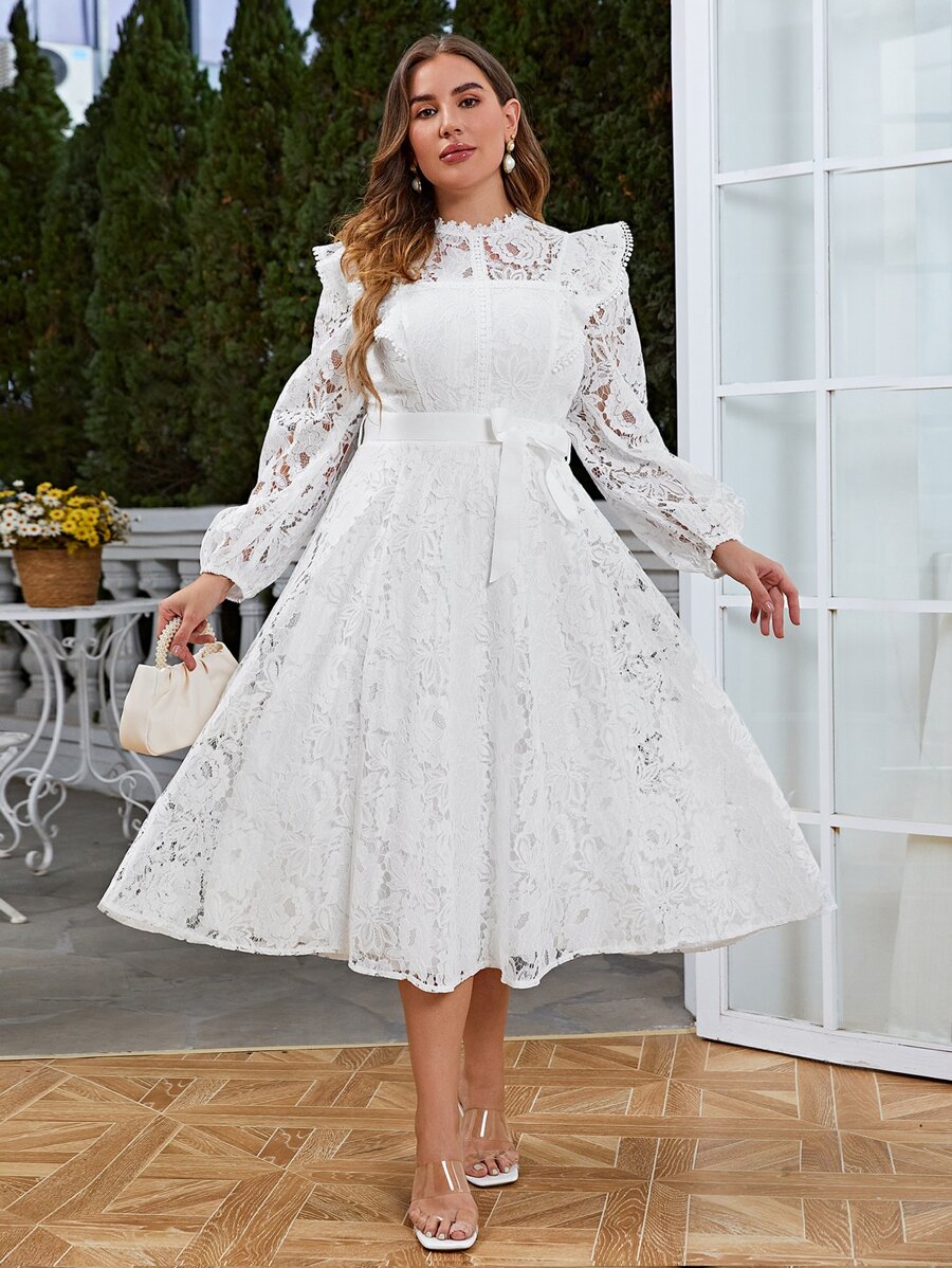 Simplee Plus Ruffle Trim Belted Lace Dress - White - View 1