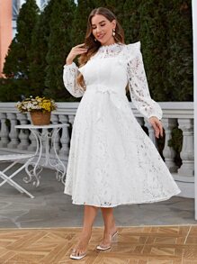 Simplee Plus Ruffle Trim Belted Lace Dress - White - View 3