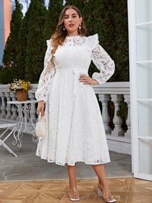Simplee Plus Ruffle Trim Belted Lace Dress - White - View 5