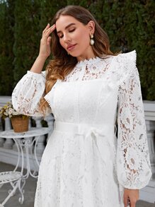 Simplee Plus Ruffle Trim Belted Lace Dress - White - View 6