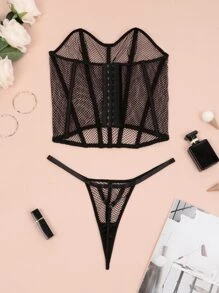 Sheer Mesh Underwire Lingerie Set - Black - View 3