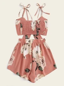 SHEIN Holidaya Large Floral Shirred Tie Front Cami Top With Shorts - Dusty Pink - View 2
