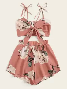 SHEIN Holidaya Large Floral Shirred Tie Front Cami Top With Shorts - Dusty Pink - View 3