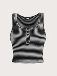Striped Half Button Tank Top - Grey - View 1
