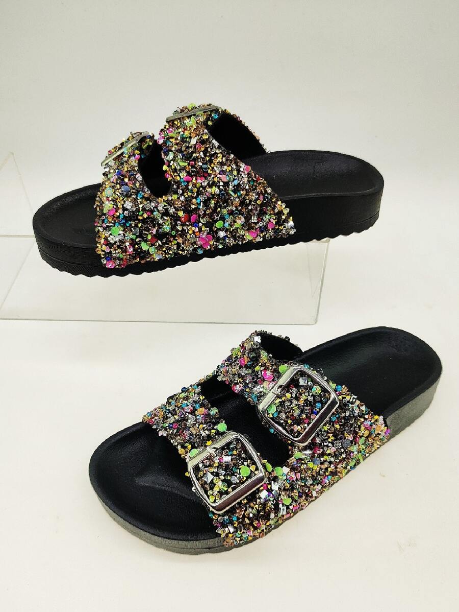 Chanclas con diseño de diamante de imitación con doble hebilla - Multicolor - Ver 1