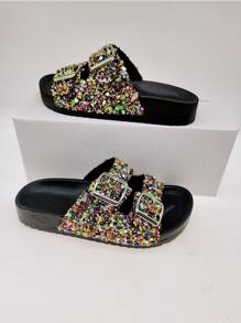 Chanclas con diseño de diamante de imitación con doble hebilla - Multicolor - Ver 3
