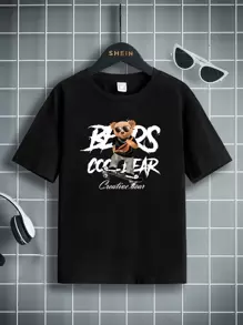 SHEIN 男孩熊和字母圖案T恤 - 黑色 - 查看 1