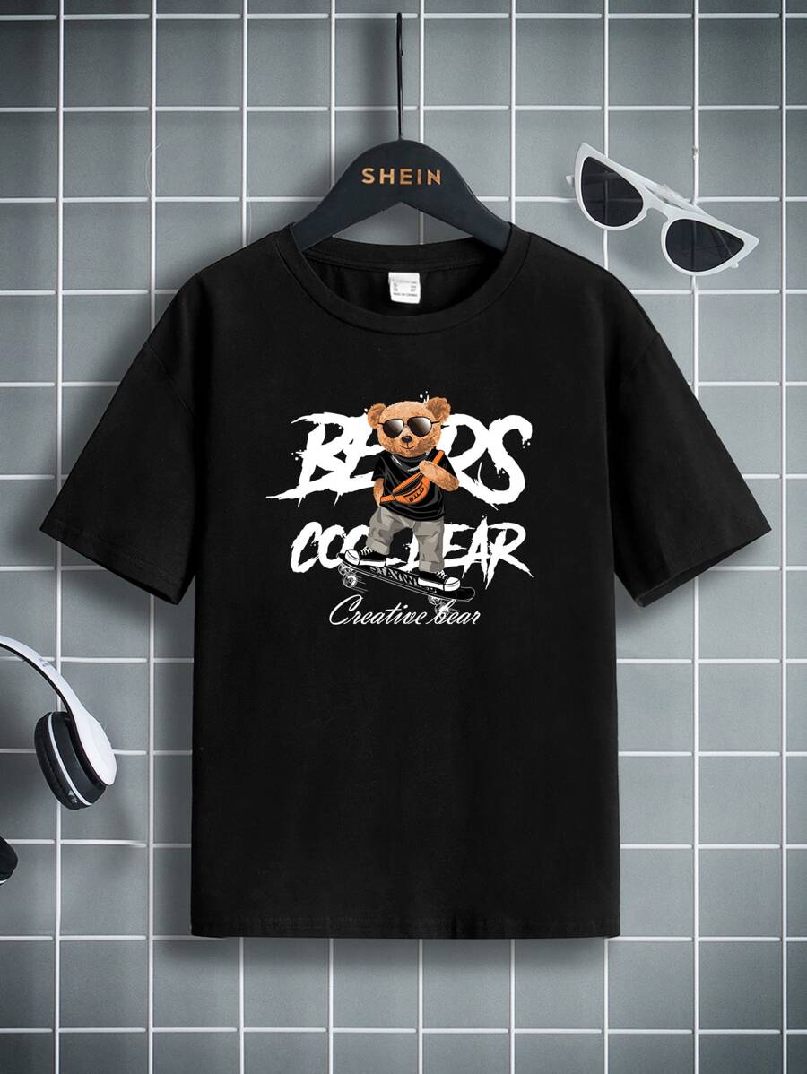 SHEIN 男孩熊和字母圖案T恤 - 黑色 - 查看 1