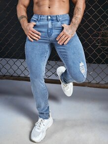 Manfinity Hombres Jeans desgarro con bolsillo oblicuo - Azul lavado medio - Ver 3