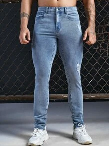 Manfinity Hombres Jeans desgarro con bolsillo oblicuo - Azul lavado medio - Ver 5