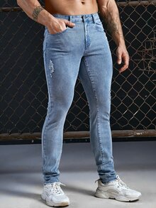 Manfinity Hombres Jeans desgarro con bolsillo oblicuo - Azul lavado medio - Ver 7