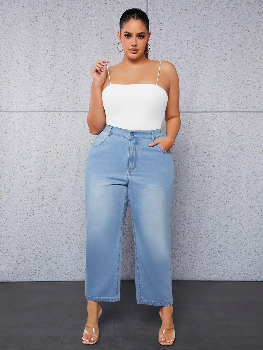Plus High Waist Straight Leg Jeans - Light Wash - View 1