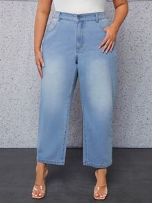Plus High Waist Straight Leg Jeans - Light Wash - View 4