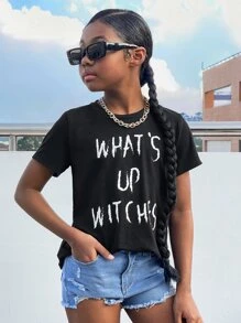 SHEIN Girls Slogan Graphic Tee - Black - View 1