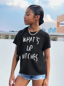 SHEIN Girls Slogan Graphic Tee - Black - View 4