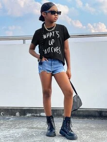 SHEIN Girls Slogan Graphic Tee - Black - View 5