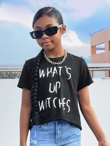 SHEIN Girls Slogan Graphic Tee - Black - View 2