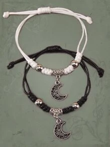 ROMWE Goth 2 piezas Pulsera tobillera con diseño luna & de cuenta - Plata antigua - Ver 1