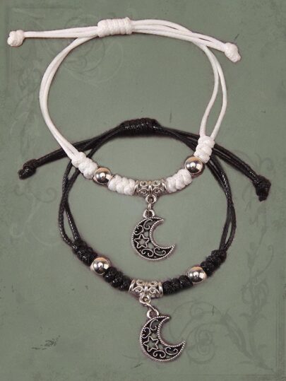 Goth 2pcs Moon & Bead Decor Anklet