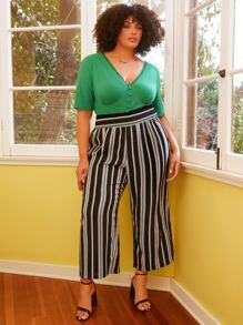 SHEIN CURVE+ Plus Striped Print Wide Leg Trousers - Black - View 6