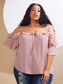 SHEIN CURVE+ Blusa de hombros descubiertos ribete con fruncido con nudo delantero - Rosa Pálido - Ver 7