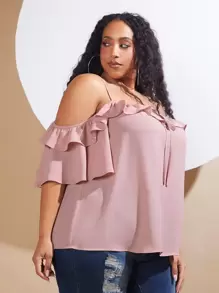 SHEIN CURVE+ Blusa de hombros descubiertos ribete con fruncido con nudo delantero - Rosa Pálido - Ver 1