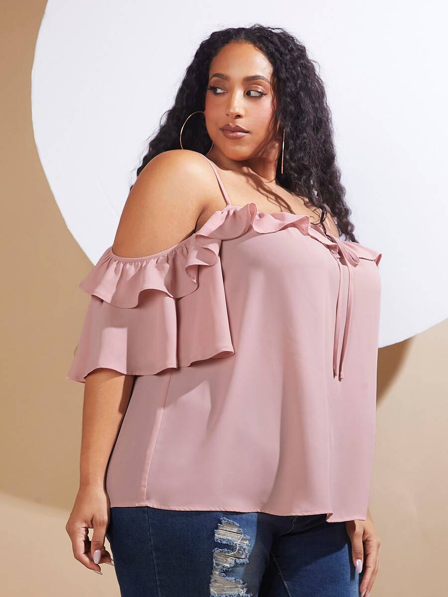 SHEIN CURVE+ Blusa de hombros descubiertos ribete con fruncido con nudo delantero - Rosa Pálido - Ver 1