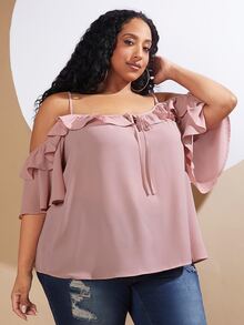 SHEIN CURVE+ Blusa de hombros descubiertos ribete con fruncido con nudo delantero - Rosa Pálido - Ver 3